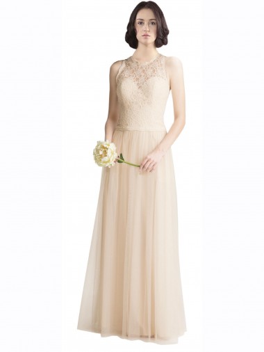 Full Length Tulle Bridesmaid Dress with Corded Lace Over Sweetheart Neckline for Sale