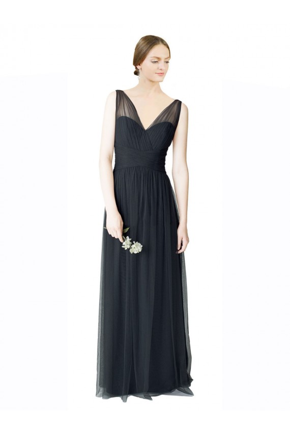 Long Tulle Bridesmaid Dress with Illusion Shoulder Straps and V-Back for Sale