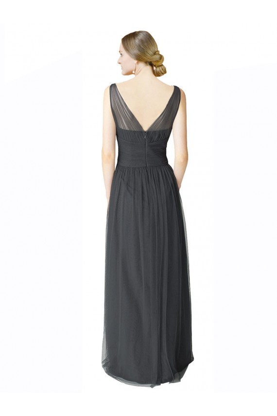 Long Tulle Bridesmaid Dress with Illusion Shoulder Straps and V-Back for Sale