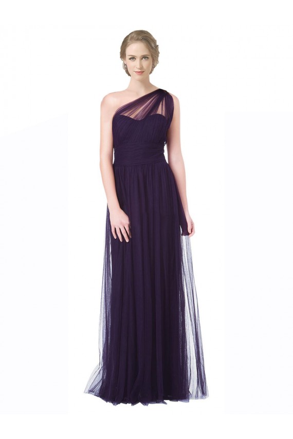 One Shoulder Long Tulle Bridesmaid Gown with Sheer Netting Strap for Sale