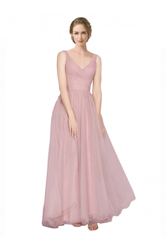 Long Floor Length Wide Strap Plunge Cross Over Neckline Tulle Bridesmaid Dress for Sale
