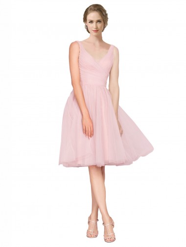 Short Knee Length Wide Strap Plunge Cross Over Neckline Tulle Cocktail Bridesmaid Dress for Sale