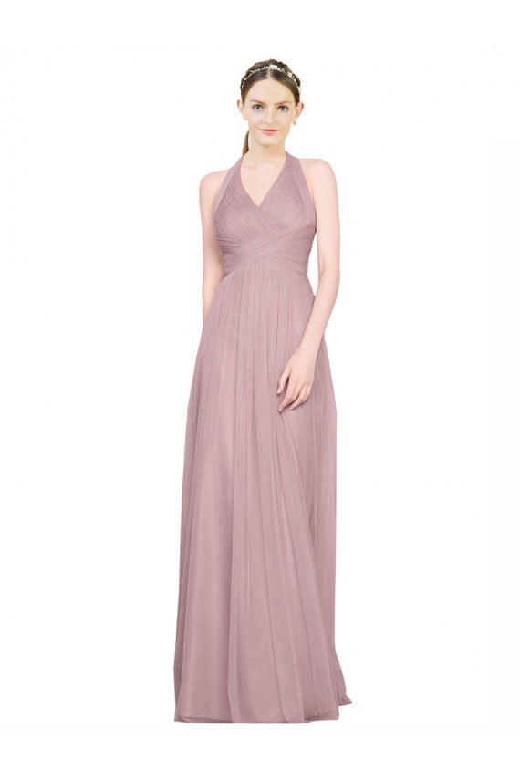 Ruffled Halter V-Neck Long Tulle Bridesmaid Dress with Pleats for Sale