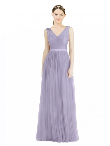 Wide Straps V-Neck Long Tulle Bridesmaids with Belt for Sale