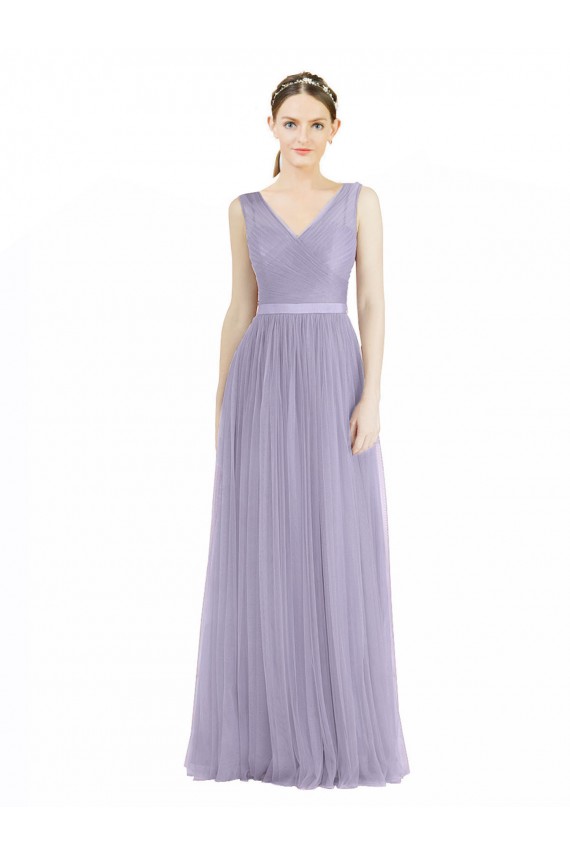 Wide Straps V-Neck Long Tulle Bridesmaids with Belt for Sale