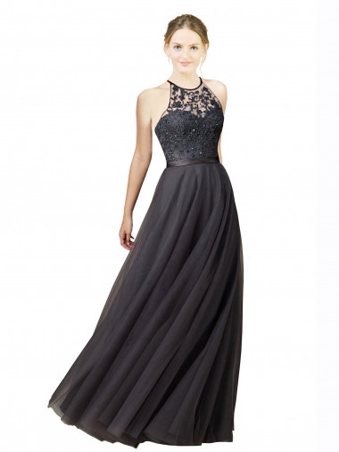 Sweetheart Neckline Long Sleeveless Tulle Bridesmaid Dress with Lace Bodice for Sale