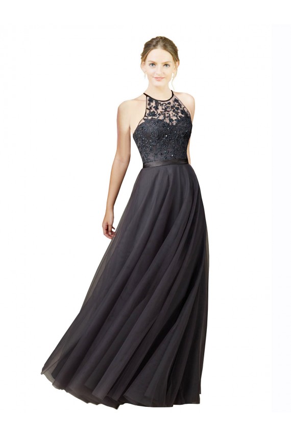 Sweetheart Neckline Long Sleeveless Tulle Bridesmaid Dress with Lace Bodice for Sale