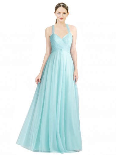 Ruched Sweetheart Neckline A-Line Tulle Bridesmaid Dress with Tie Open Back for Sale