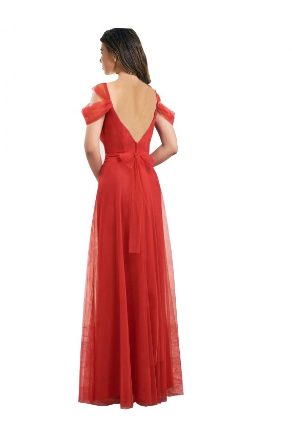 Cold Shoulder Pleated Wrap Tulle Bridesmaid Dress with Low V-Back for Sale