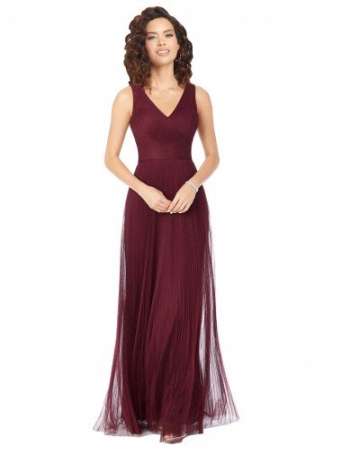 Long A-Line V-Neck Tulle Bridesmaid Dress for Sale