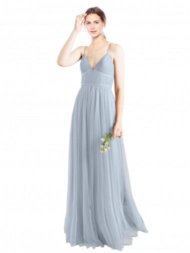 Spaghetti Straps V-Neck Slim A-Line Tulle Bridesmaid Dress for Sale