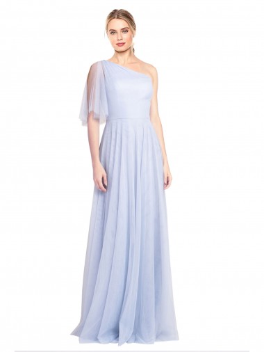 Flutter Sleeves One Shoulder Long Tulle Bridesmaid Dress for Sale