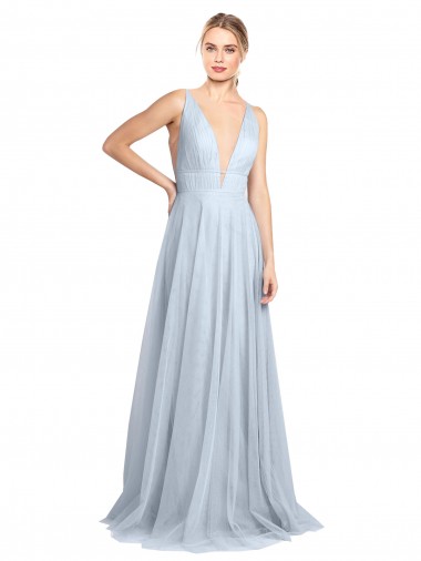 Plunging Deep V-Neck Long Tulle Bridesmaid Dress with V-Back for Sale