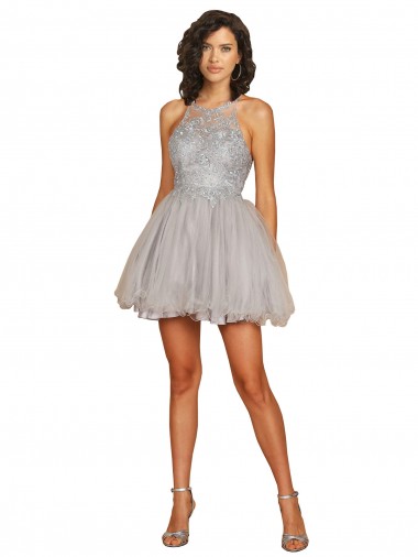 Halter Neckline Criss Cross Back Short Cocktail Dress with Beaded Lace Bodice for Sale