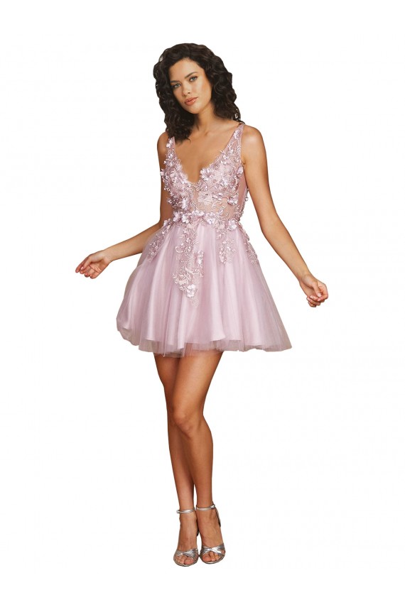 Sleeveless V-Neckline Short Cocktail Dress with Embellished Lace Appliques for Sale