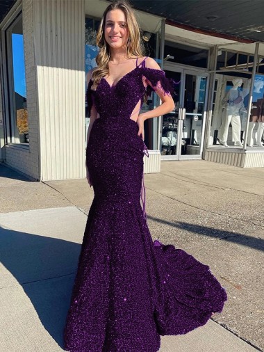 Cold Shoulder Sleeveless Long Court Train Velvet Sequin Prom Dress for Sale