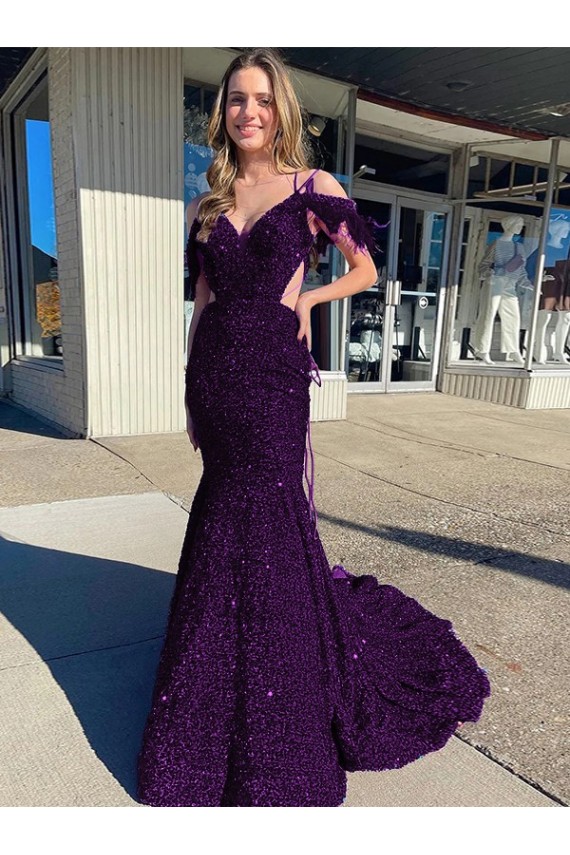 Cold Shoulder Sleeveless Long Court Train Velvet Sequin Prom Dress for Sale