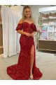 Off the Shoulder Short Sleeves Long Floor Length Velvet Sequin Prom Dress with High Slit for Sale
