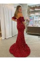 Off the Shoulder Short Sleeves Long Floor Length Velvet Sequin Prom Dress with High Slit for Sale