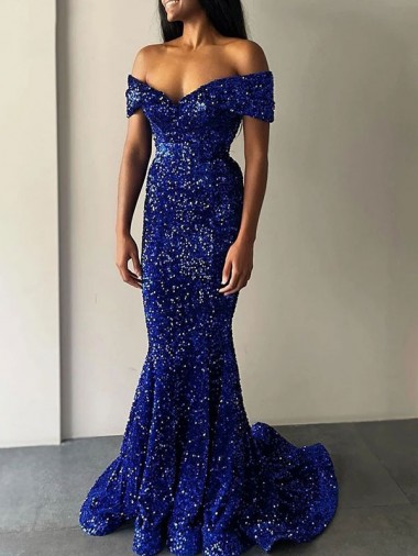 Mermaid Off the Shoulder Sleeveless Long Sweep Train Velvet Sequin Prom Dress for Sale