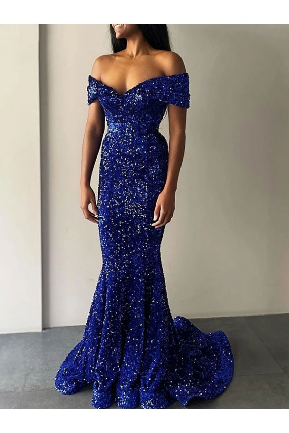 Mermaid Off the Shoulder Sleeveless Long Sweep Train Velvet Sequin Prom Dress for Sale