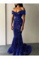Mermaid Off the Shoulder Sleeveless Long Sweep Train Velvet Sequin Prom Dress for Sale