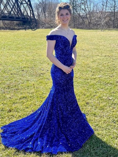 Off the Shoulder Sleeveless Long Sweep Train Velvet Sequin Prom Dress for Sale