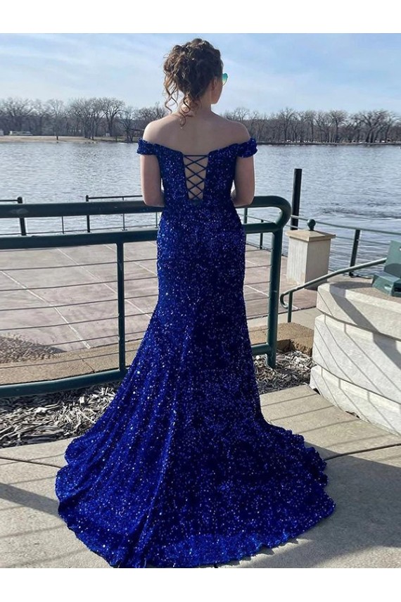 Off the Shoulder Sleeveless Long Sweep Train Velvet Sequin Prom Dress for Sale