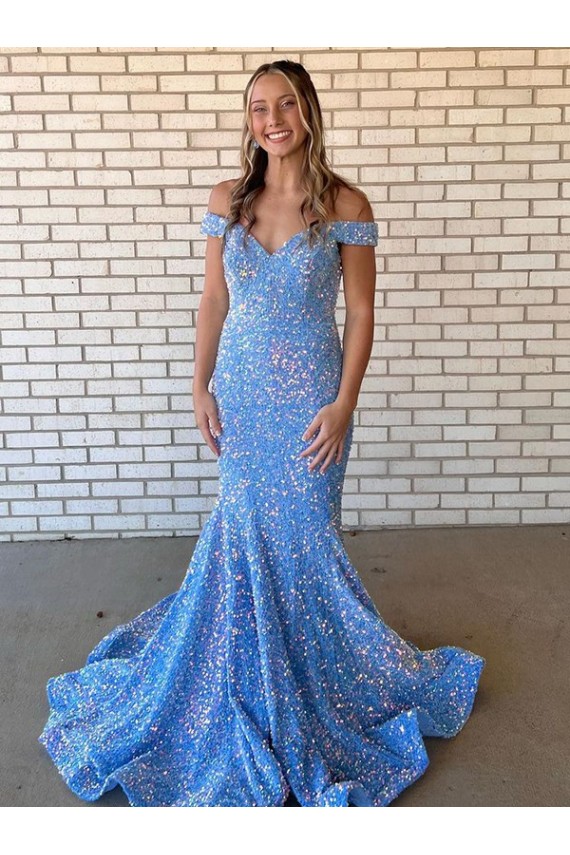 Mermaid Off the Shoulder Sleeveless Long Floor Length Velvet Sequin Prom Dress for Sale