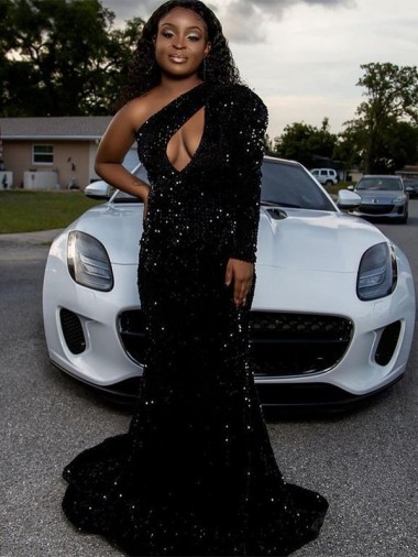 One Shoulder Long Sleeves Long Sweep Train Velvet Sequin Prom Dress for Sale