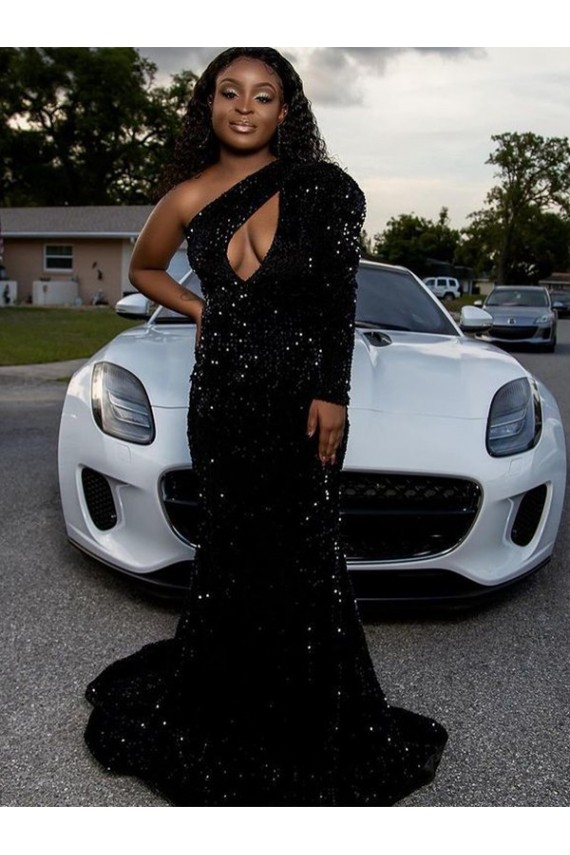 One Shoulder Long Sleeves Long Sweep Train Velvet Sequin Prom Dress for Sale
