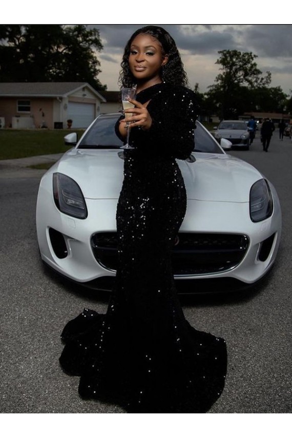 One Shoulder Long Sleeves Long Sweep Train Velvet Sequin Prom Dress for Sale