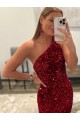 Open Back One Shoulder Sleeveless Long Sweep Train Velvet Sequin Prom Dress for Sale