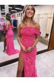 One Shoulder Sleeveless Long Sweep Train Velvet Sequin Prom Dress with Side Slit for Sale