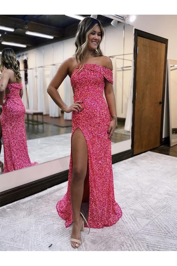 One Shoulder Sleeveless Long Sweep Train Velvet Sequin Prom Dress with Side Slit for Sale