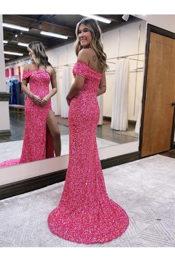 One Shoulder Sleeveless Long Sweep Train Velvet Sequin Prom Dress with Side Slit for Sale