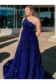 A-Line One Shoulder Sleeveless Long Sweep Train Velvet Sequin Prom Dress with Pockets for Sale