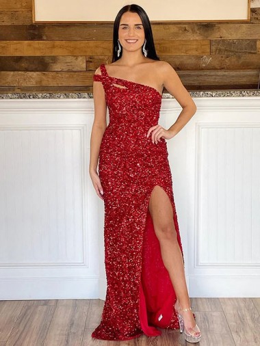 One Shoulder Sleeveless Long Sweep Train Velvet Sequin Prom Dress for Sale