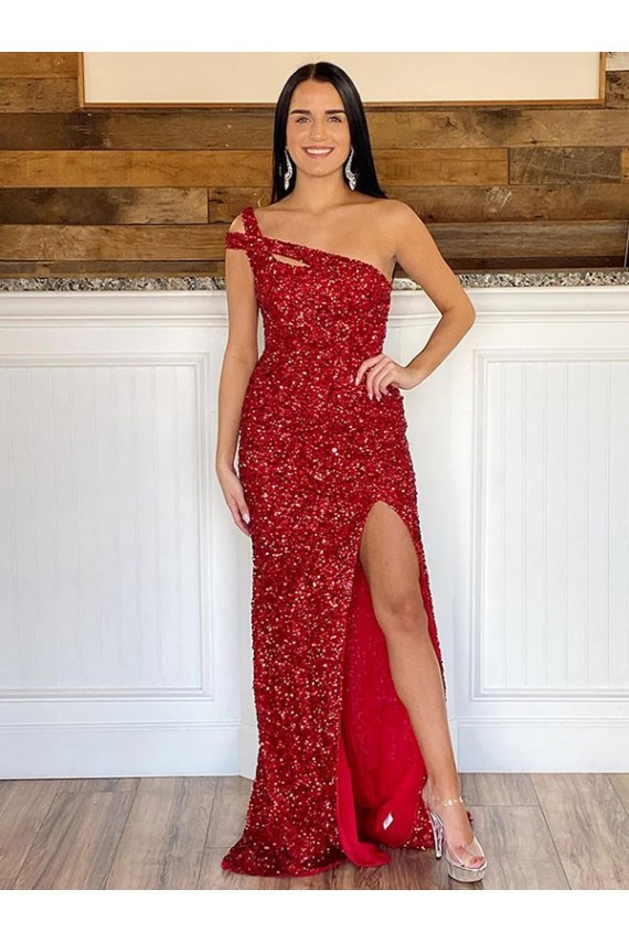 One Shoulder Sleeveless Long Sweep Train Velvet Sequin Prom Dress for Sale
