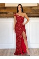 One Shoulder Sleeveless Long Sweep Train Velvet Sequin Prom Dress for Sale