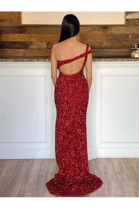 One Shoulder Sleeveless Long Sweep Train Velvet Sequin Prom Dress for Sale