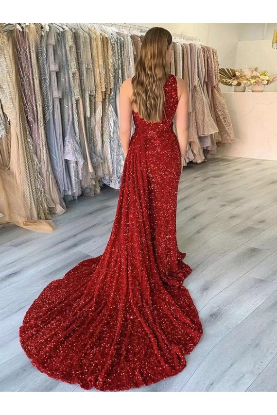 One Shoulder Sleeveless Long Court Train Velvet Sequin Prom Dress with Slit for Sale