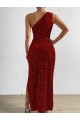 One Shoulder Sleeveless Long Floor Length Velvet Sequin Prom Dress with Slit for Sale