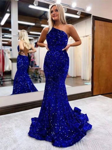 Mermaid One Shoulder Open Back Long Sweep Train Velvet Sequin Prom Dress for Sale