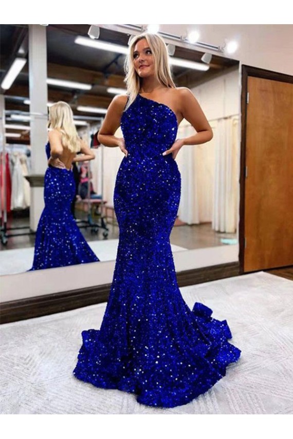 Mermaid One Shoulder Open Back Long Sweep Train Velvet Sequin Prom Dress for Sale