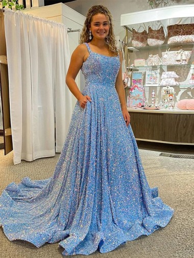 A-Line Scoop Sleeveless Long Court Train Velvet Sequin Prom Dress for Sale