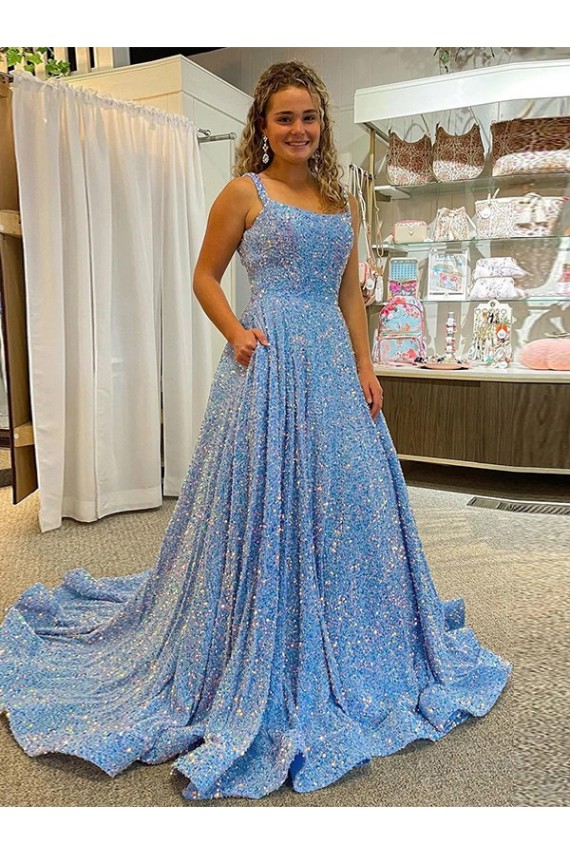 A-Line Scoop Sleeveless Long Court Train Velvet Sequin Prom Dress for Sale