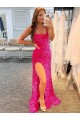 Spaghetti Straps Sleeveless Long Velvet Sequin Prom Dress with Slit and Criss Cross Open Back for Sale