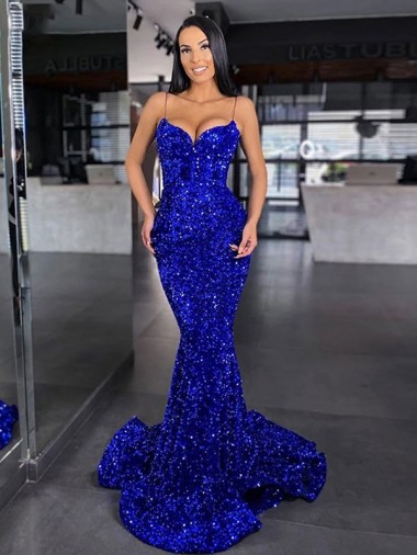 Mermaid Spaghetti Straps Sleeveless Long Sweep Train Velvet Sequin Prom Dress for Sale
