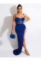 Long Sweep Train Spaghetti Straps Sleeveless Velvet Sequin Prom Dress with Slit for Sale